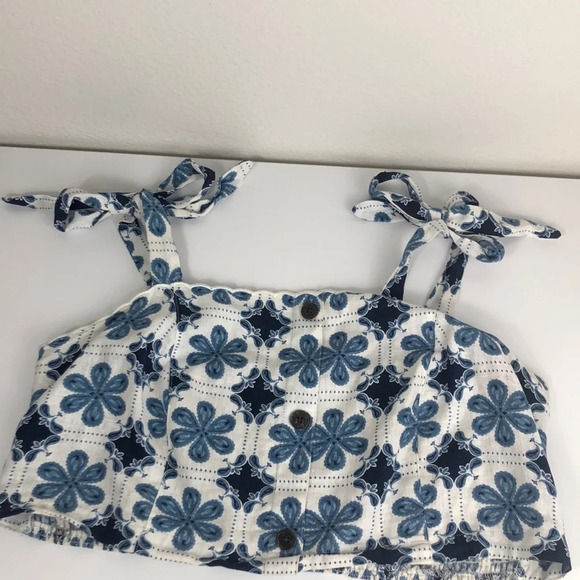 2/$30 Agua Bendita Top Women Size XXL Linen Blend Blue Floral Tile Print Cropped - Picture 4 of 15